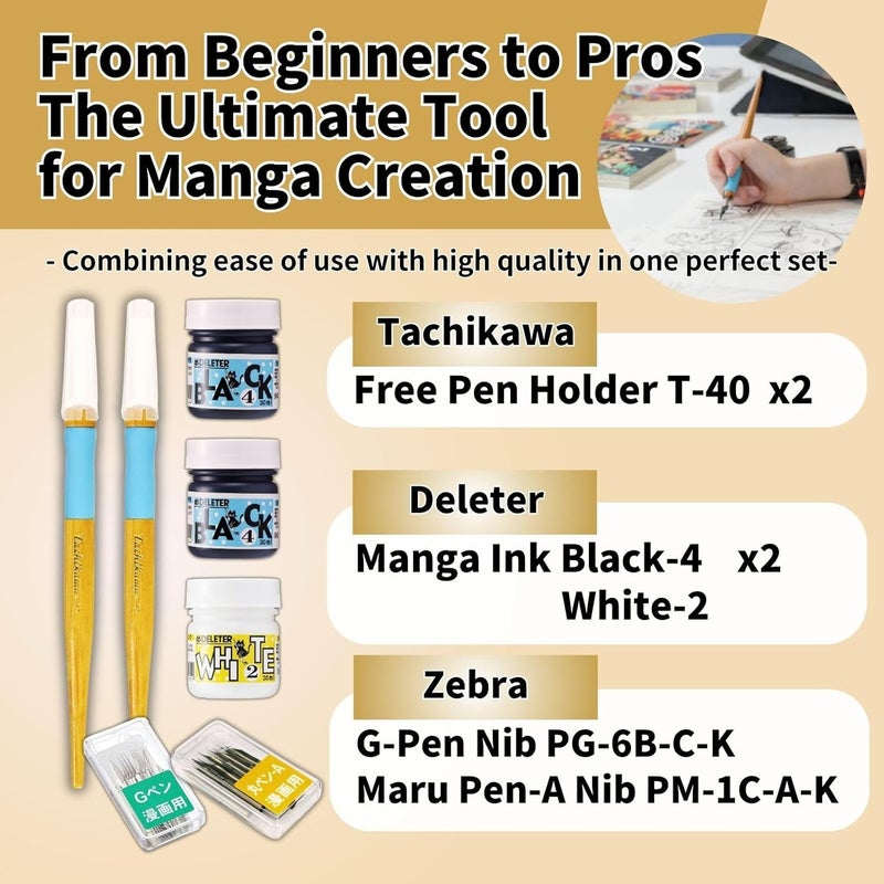 Someie Manga Pen Set ｜Free Pen Holder (T-40) x2, Ink Black No.4 x2 (4341-0005), White No.2 x1 (341-0006), G Model Chrome Pen Nib 10 pcs (PG-6B-C-K), Maru-Pen Nib A 10 pcs (PM-1C-A-K), Sticky Note Set - Image 2